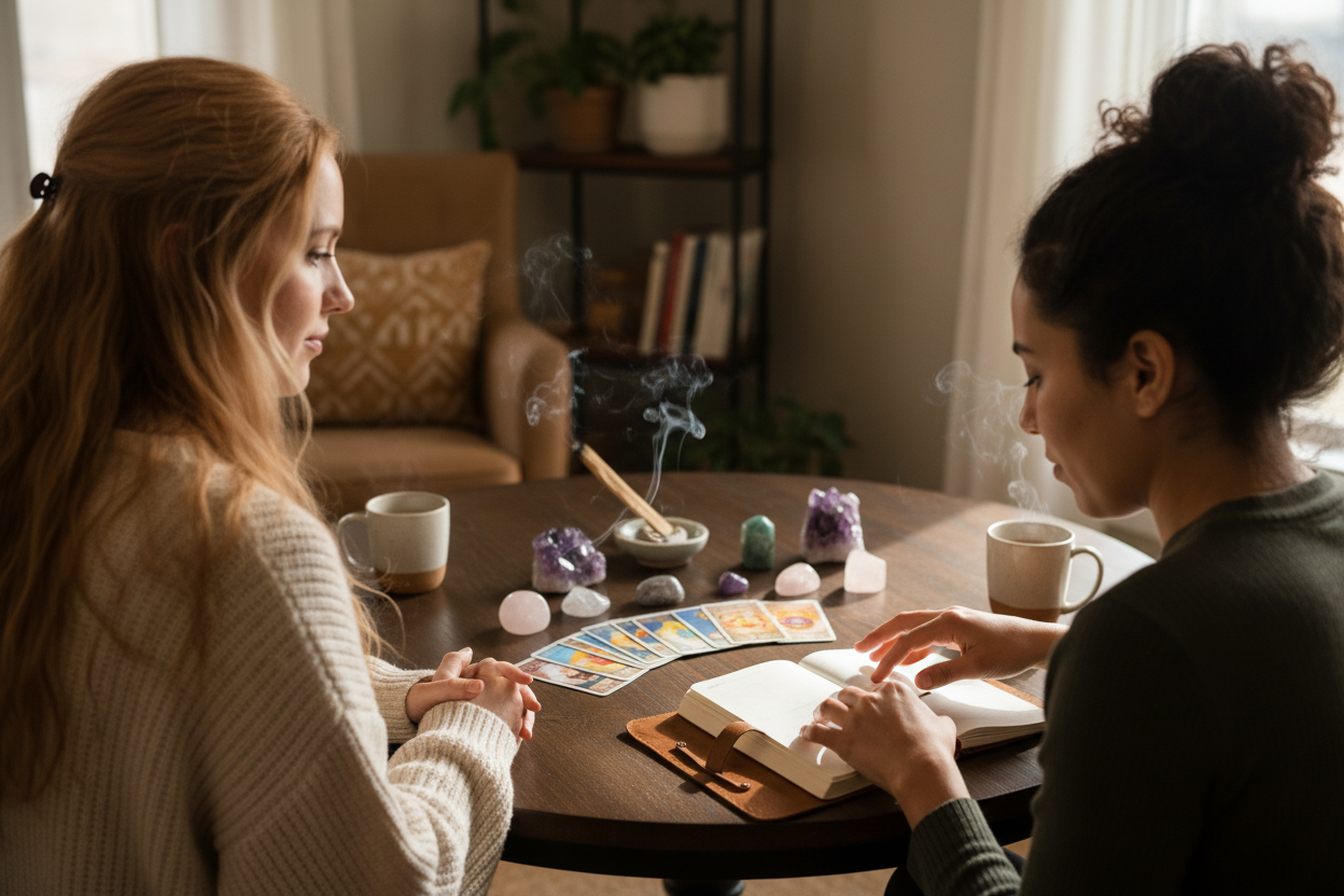 Can I please have an over teh shoulder shot a a woman with long strawberry blonde hair working with another person a women with a journal, crsytals and cards. THe other persons face cannot be seen as sheis looking down - they are sitting in two chairs and a table that is round, soft light 